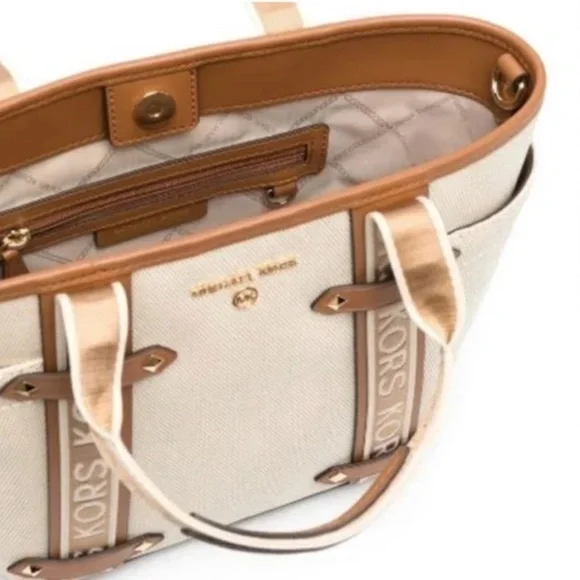 MICHAEL KORS Maeve Small Canvas Open Tote Rose Leather NWT $298 - Picture 12 of 14